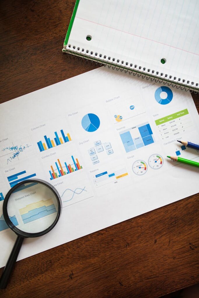 Top view of business analytics paper including charts and notes with a magnifying glass and pencils.